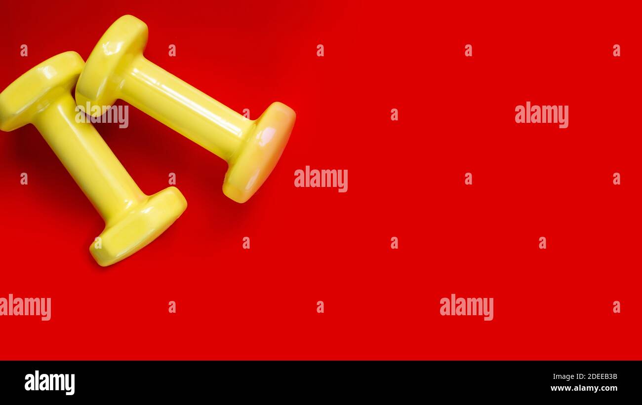 Zwei gelbe Kurzhanteln auf rotem Hintergrund.breites Banner Stockfoto