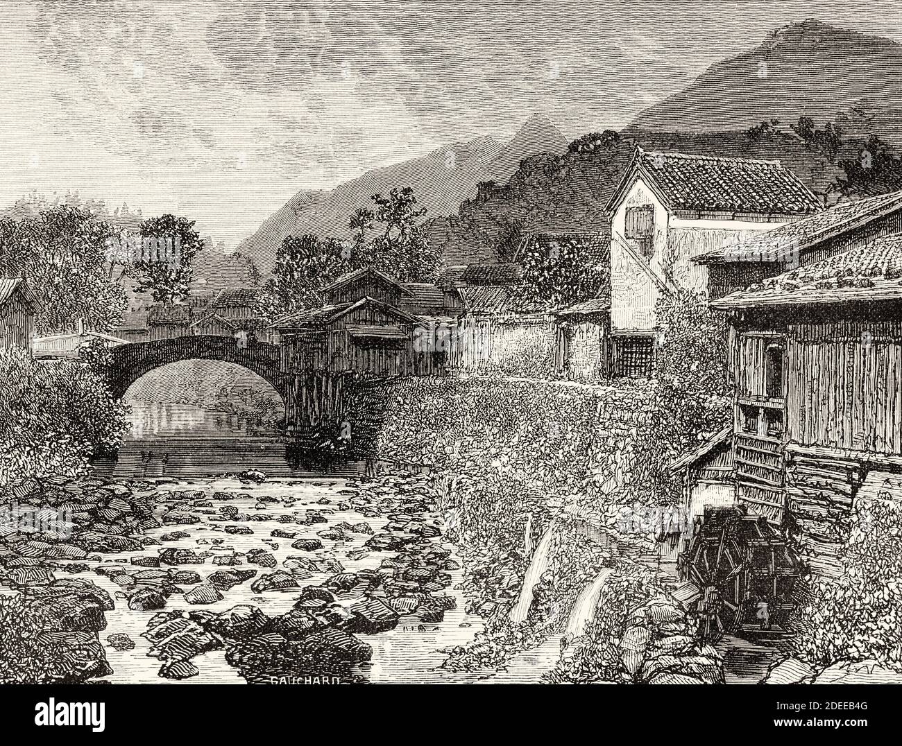 Flusslandschaft auf Kyushu, Japan. Alte Illustration aus dem 19. Jahrhundert Reise nach Japan von Aime Humbert aus El Mundo en La Mano 1879 Stockfoto