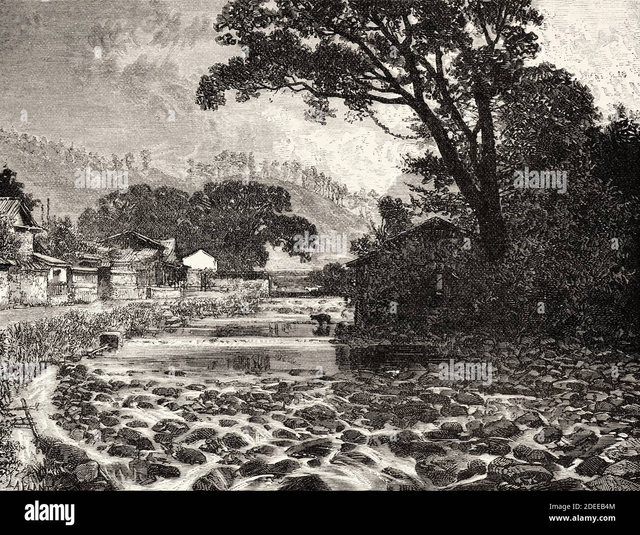 Flusslandschaft auf Kyushu, Japan. Alte Illustration aus dem 19. Jahrhundert Reise nach Japan von Aime Humbert aus El Mundo en La Mano 1879 Stockfoto