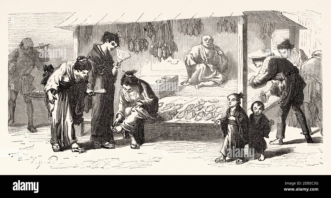 Japanisches Strohschuhgeschäft in Tokio, Japan. Alte Illustration aus dem 19. Jahrhundert Reise nach Japan von Aime Humbert aus El Mundo en La Mano 1879 Stockfoto