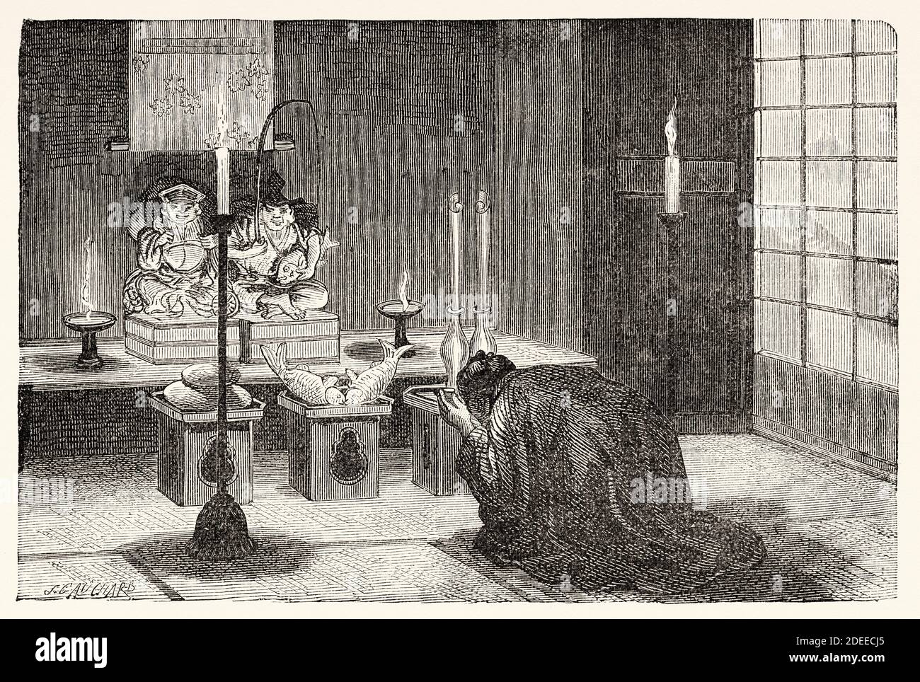 Hausaltar der Götter des Glücks in einem japanischen Haus, Japan. Alte Illustration aus dem 19. Jahrhundert Reise nach Japan von Aime Humbert aus El Mundo en La Mano 1879 Stockfoto
