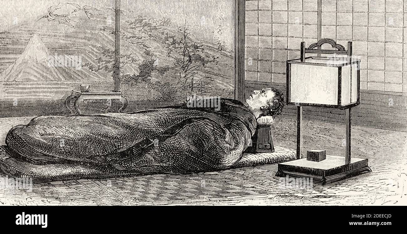 Ein traditionelles japanisches Bett, Japan. Alte Illustration aus dem 19.  Jahrhundert Reise nach Japan von Eugene Collache aus El Mundo en La Mano  1879 Stockfotografie - Alamy