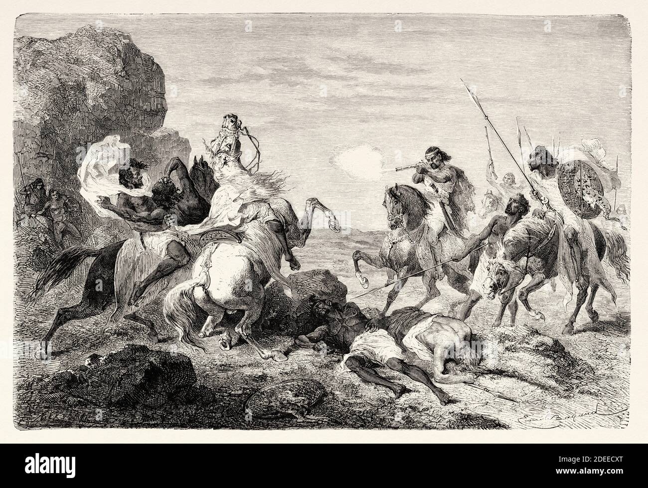Der Tod von Herrn Bell, Äthiopien. Eingraviert aus dem 19. Jahrhundert, Erzählung einer Reise durch Abessinien von Guillaume Lejean aus El Mundo en La Mano 1879 Stockfoto