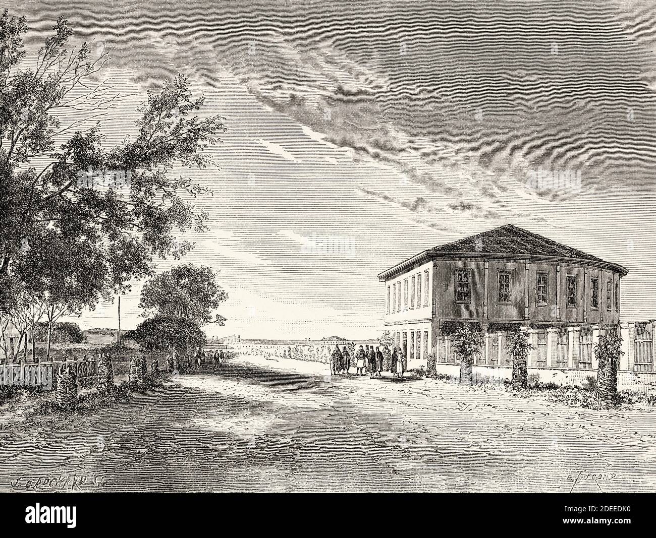 Stadt Pleven, Bulgarien. Alte eingravierte Illustration des 19. Jahrhunderts. Reise nach Bulgarien mit Guillaume Lejan von El Mundo en La Mano 1879 Stockfoto