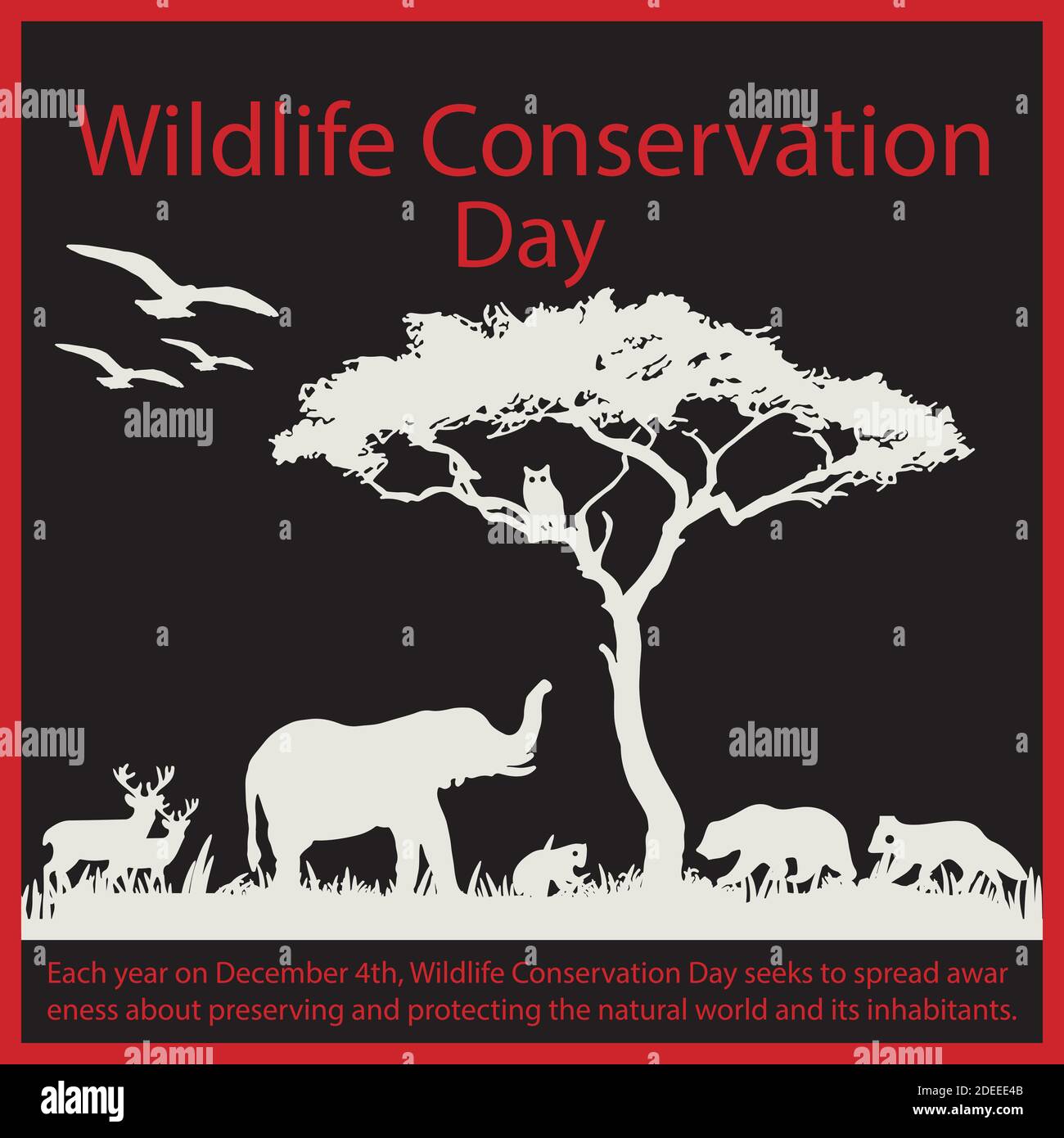 Jedes Jahr am 4. Dezember soll der Wildlife Conservation Day das Bewusstsein für die Erhaltung und den Schutz der Natur und ihrer Bewohner schärfen. Stock Vektor