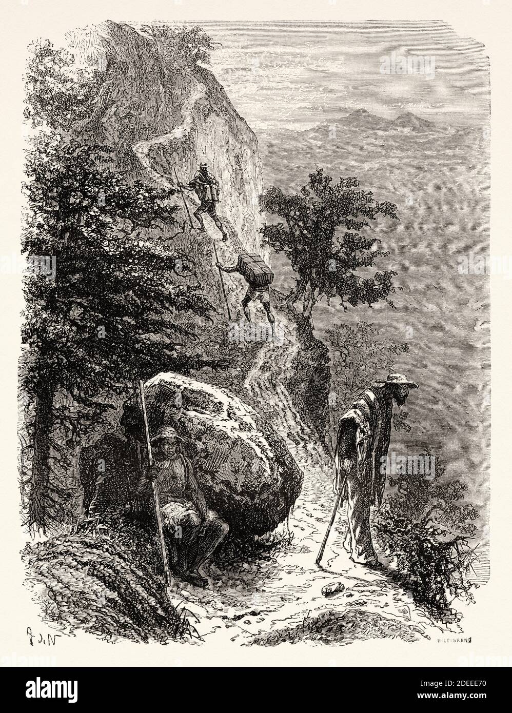 Pfad auf Quindio Berg, Kolumbien. Alte eingravierte Illustration des 19. Jahrhunderts. Reise nach New Granada mit Charles Saffray von El Mundo en La Mano 1879 Stockfoto