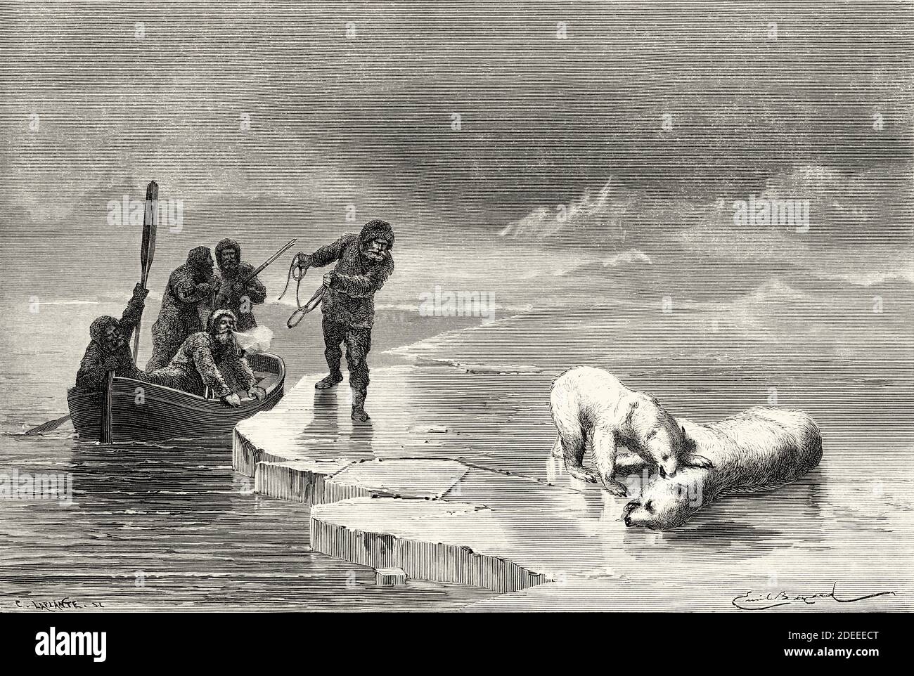 Der weiße Bär jagen. Alte eingravierte Illustration des 19. Jahrhunderts. Zweite deutsche Nordpolarexpedition 1869 von El Mundo en La Mano 1879 Stockfoto