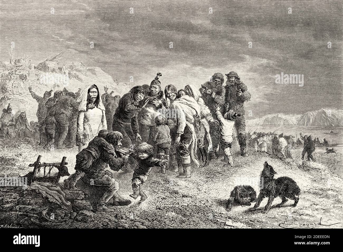 Eskimos untersuchte Musikboxen. Alte eingravierte Illustration des 19. Jahrhunderts. Zweite deutsche Nordpolarexpedition 1869 von El Mundo en La Mano 1879 Stockfoto