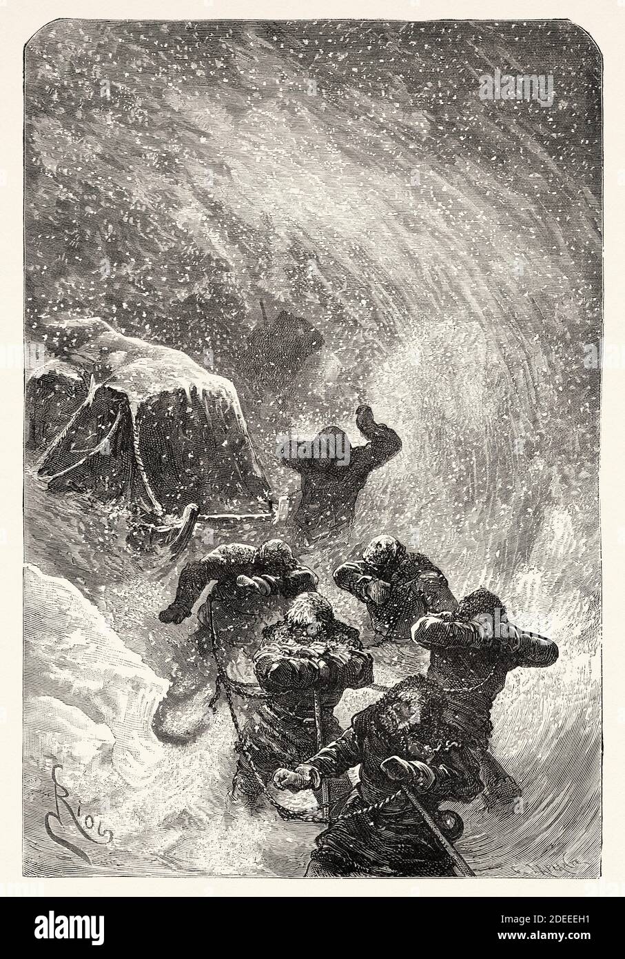 Mitglieder der Nordpolarexpedition, gefangen in einem Schneesturm. Alte eingravierte Illustration des 19. Jahrhunderts. Zweite deutsche Nordpolarexpedition 1869 von El Mundo en La Mano 1879 Stockfoto