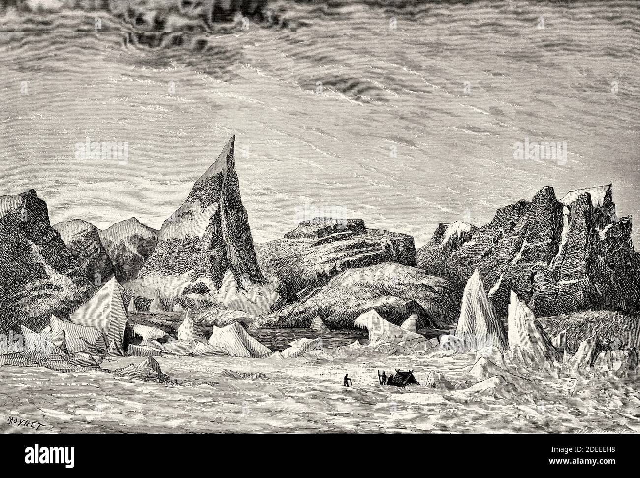 Mitglieder der zweiten Nordpolarexpedition auf der King William Insel in der Kitikmeot Region von Nunavut, wo sie Teil des kanadischen arktischen Archipels ist. Alte eingravierte Illustration des 19. Jahrhunderts. Zweite deutsche Nordpolarexpedition 1869 von El Mundo en La Mano 1879 Stockfoto