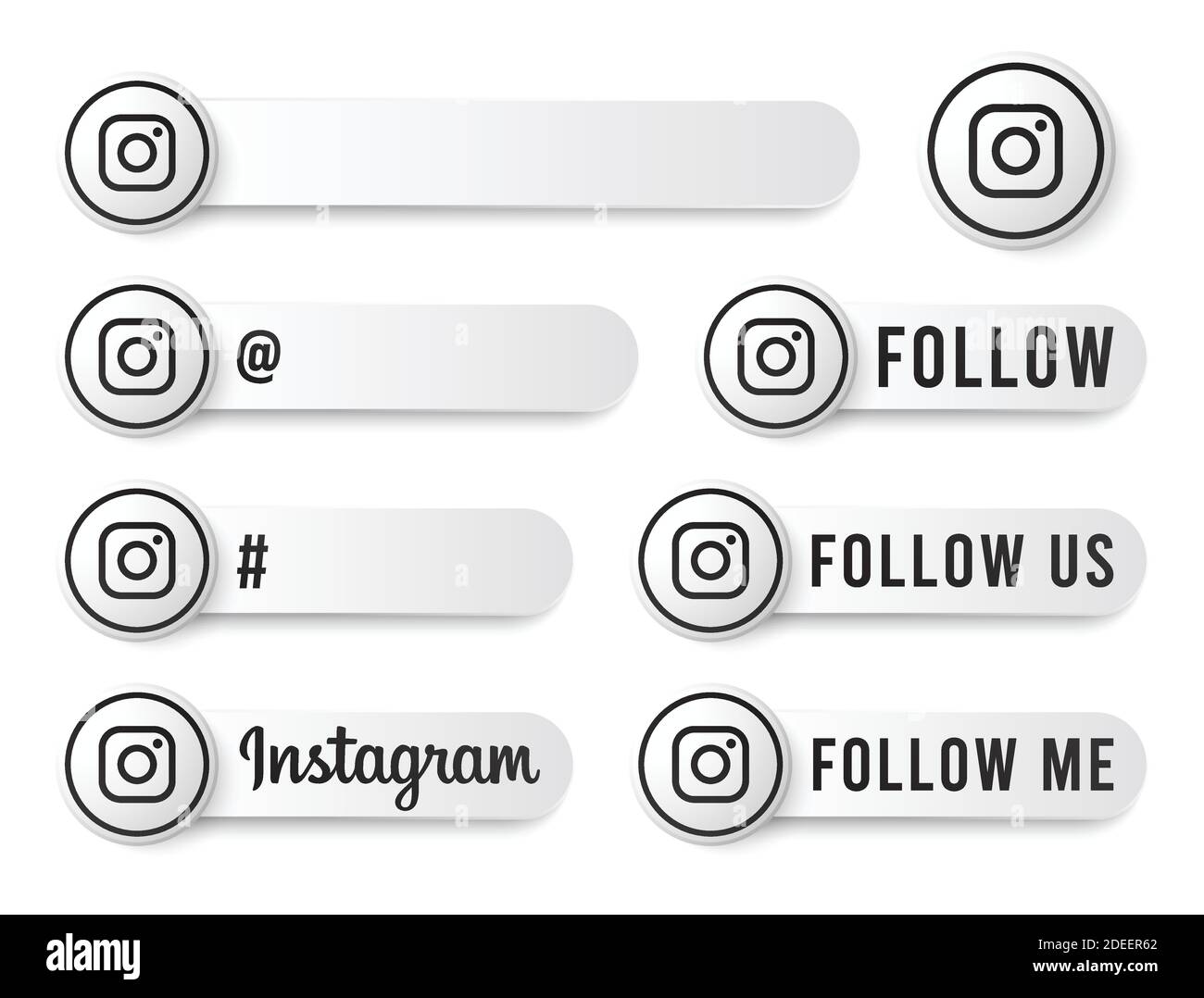 Instagram Buttons Kollektion mit schwarzem Logo. Weiße Social Media Tags Set mit modernen Icons, Symbol, Sing, Banner. 3D-Vorlagen für runde Schaltflächen Stock Vektor