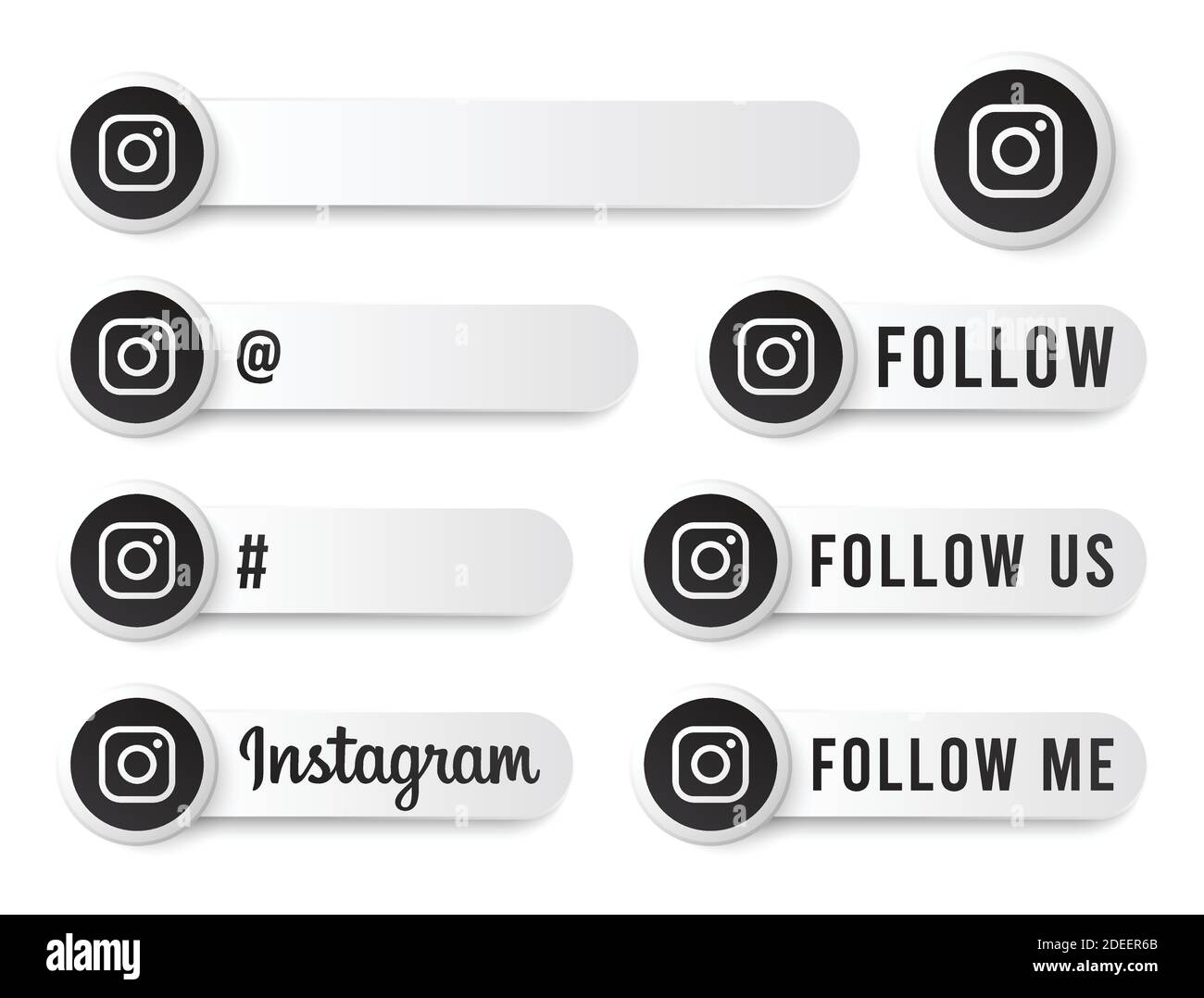 Instagram Buttons Kollektion mit schwarzem Logo. Weiße Social Media Tags Set mit modernen Icons, Symbol, Sing, Banner. 3D-Vorlagen für runde Schaltflächen Stock Vektor