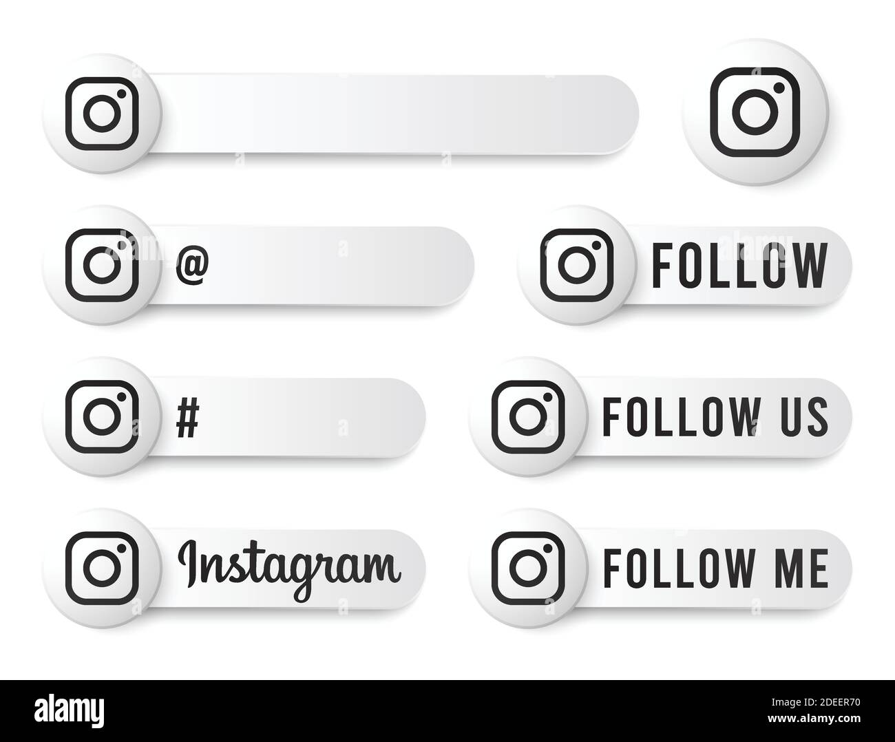 Instagram Buttons Kollektion mit schwarzem Logo. Weiße Social Media Tags Set mit modernen Icons, Symbol, Sing, Banner. 3D-Vorlagen für runde Schaltflächen Stock Vektor