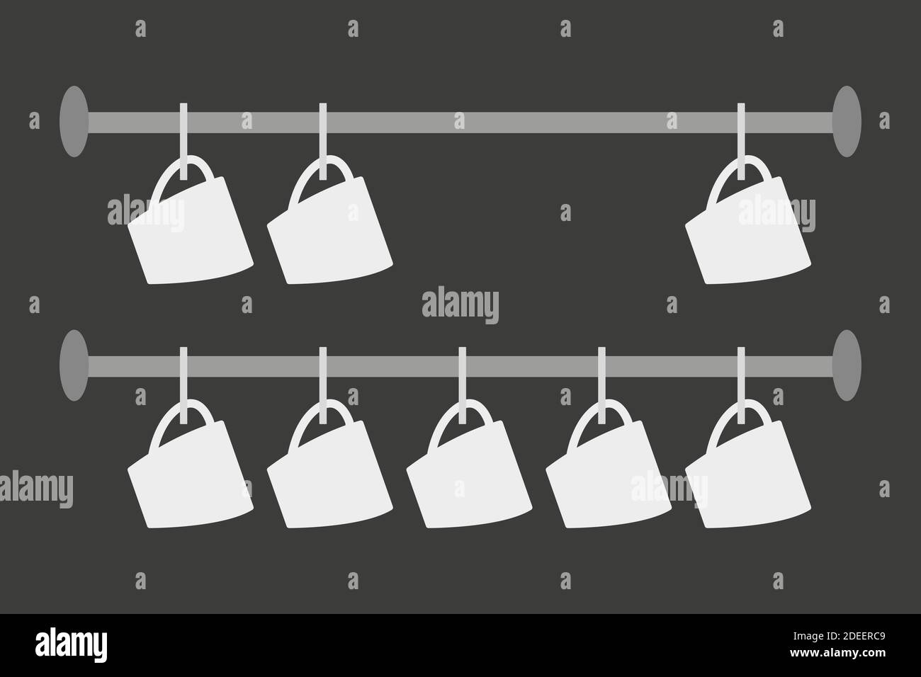 Ein Satz von weißen Tassen hängen auf dem Geländer, hängen trockenes Geschirr. Isoliert auf grauem Hintergrund. Flacher Style. Vektorgrafik Stock Vektor