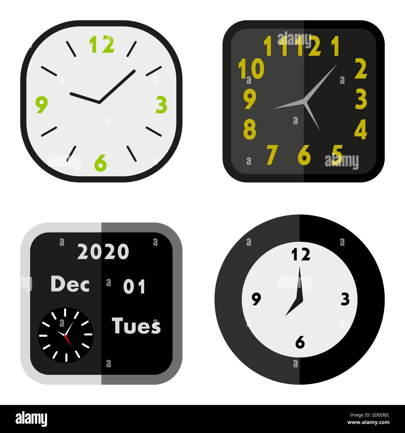 Sammlung von Wanduhren mit arabischen Ziffern in dunklen Farben. Flacher Style. Isoliert auf weißem Hintergrund. Vektorgrafik Stock Vektor