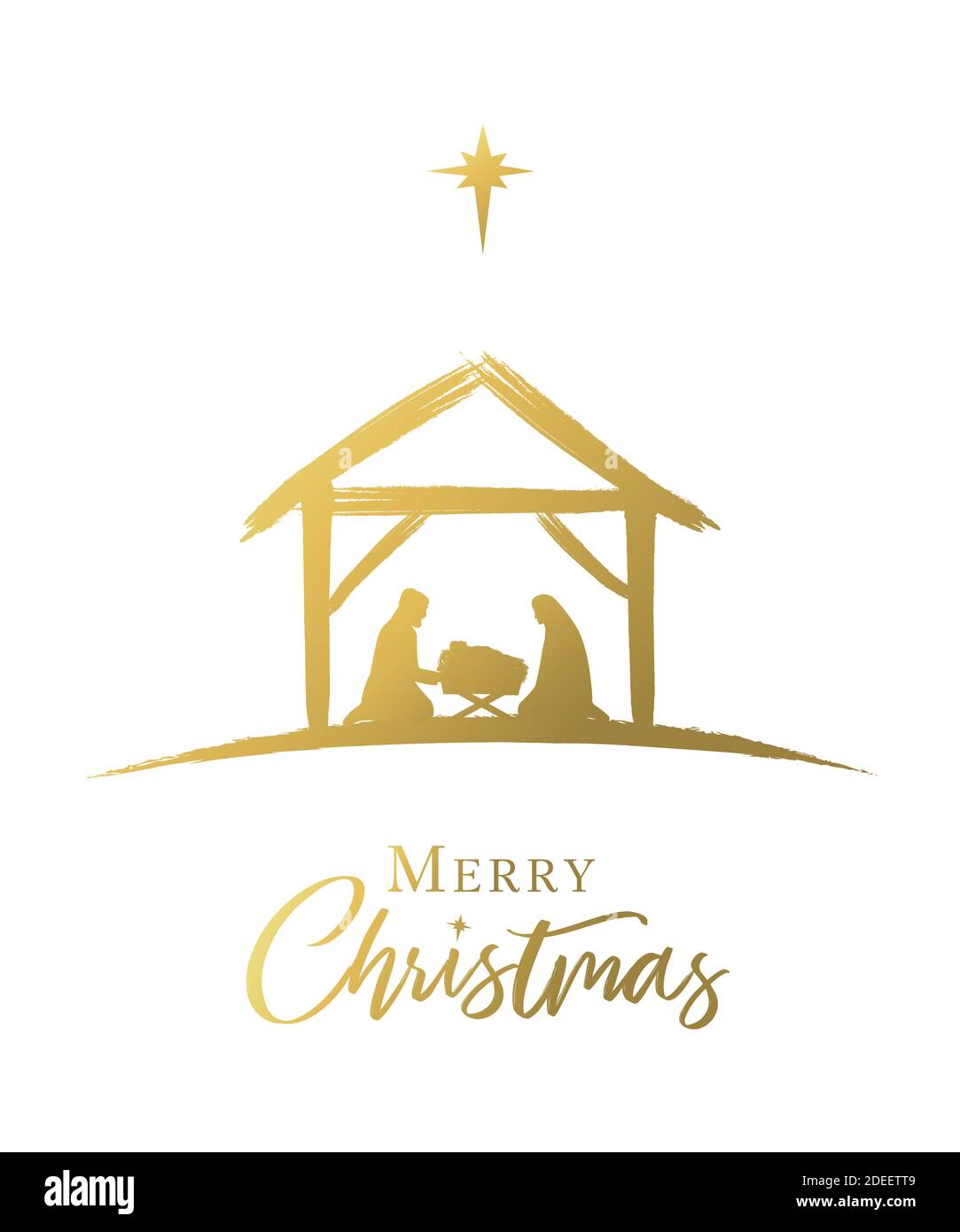 Frohe Weihnachten, Krippe des Jesusbabys in der Krippe goldene Farbe. Die Geburt Christi, Heilige Familie und Stern von Bethlehem, Grußkarten-Design Stock Vektor
