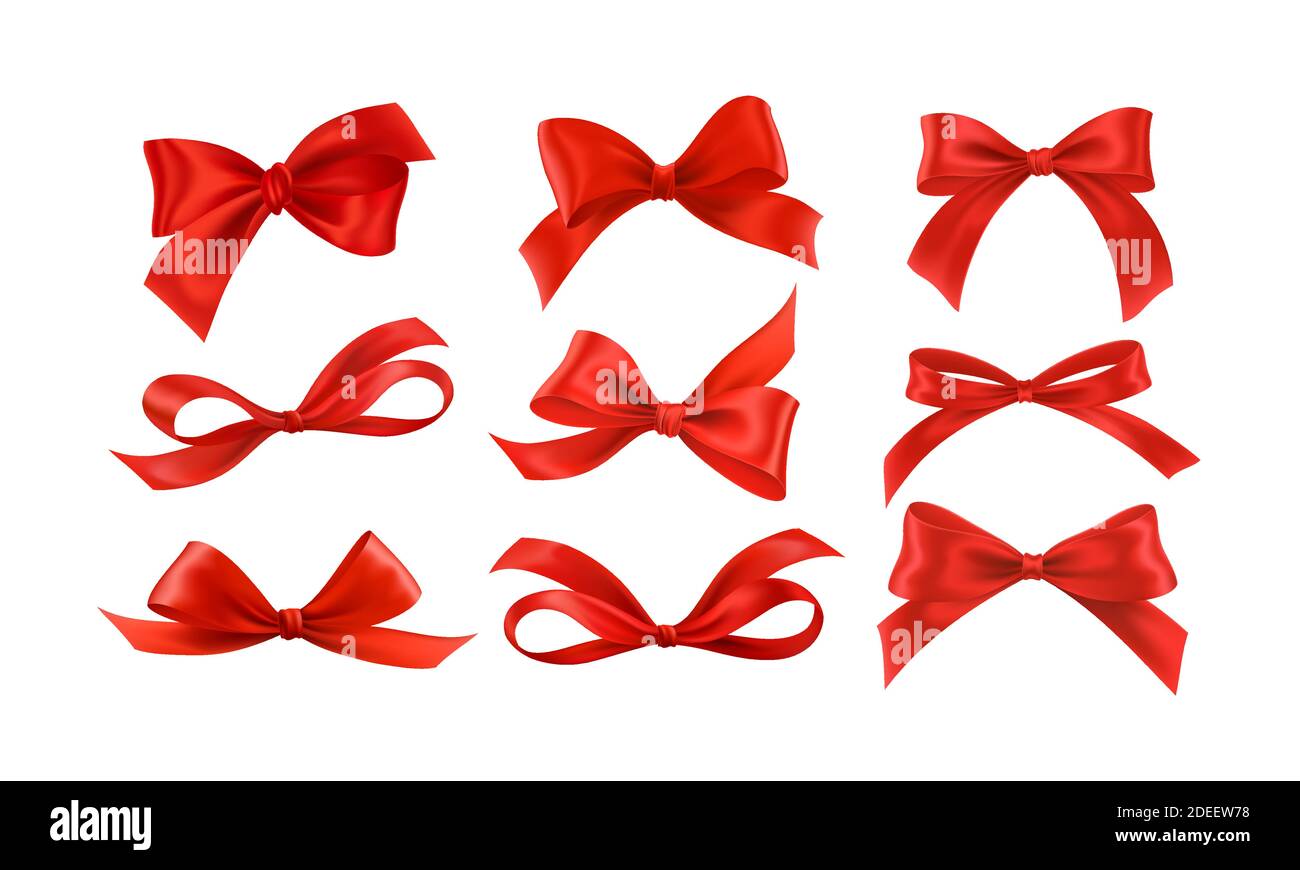 Geschenkschleifen seidenrotes Band mit dekorativer Schleife. Realistisches Luxus festliches Satinband für Dekor oder Urlaub Verpackung 3d Vektor-Set isoliert auf weiß Stock Vektor