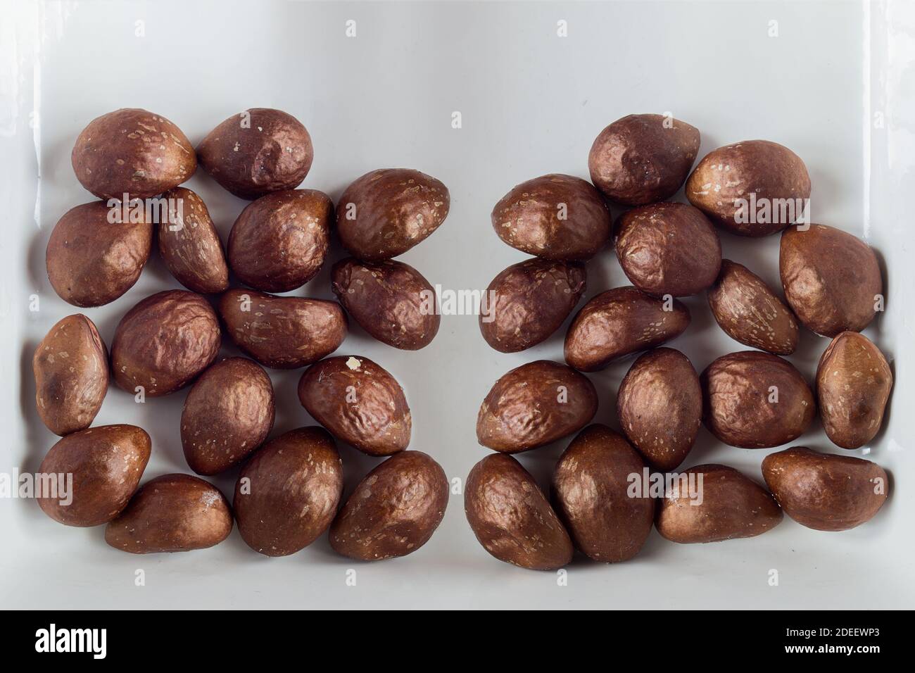 Zwei Haufen von Mispellanobstensamen in einer eleganten weißen Keramikplatte. Gesundheit Und Wellness. Stockfoto