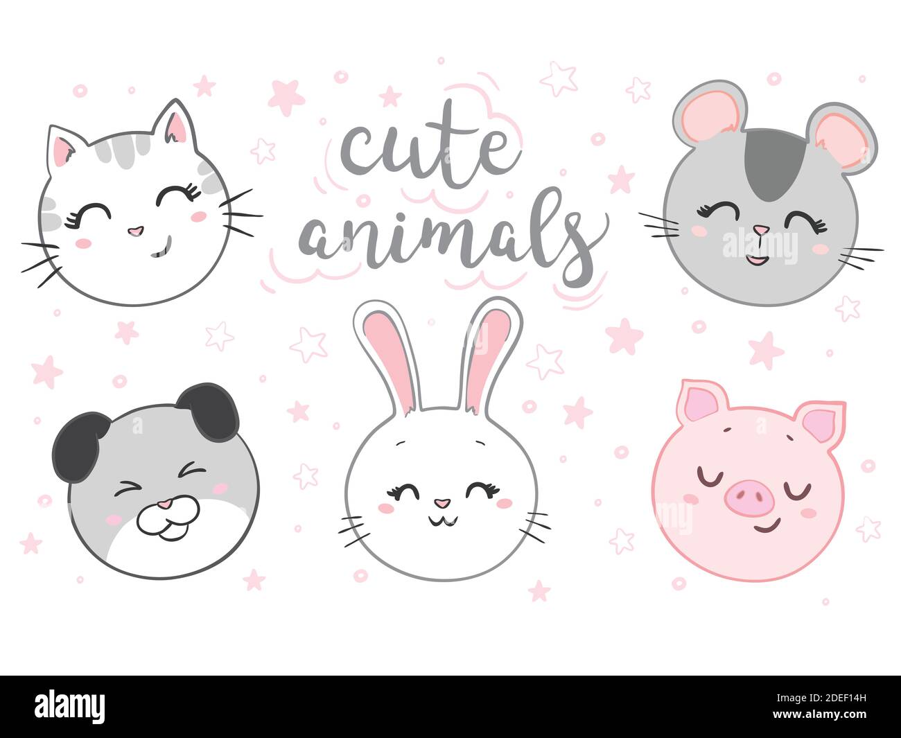 Katze, Maus, Hund, Kaninchen, Schwein Gesicht gesetzt. Kawaii-Tier. Niedliche Zeichentrickfigur. Liebe die Karte. Flaches Design. Weißer Hintergrund. Stock Vektor