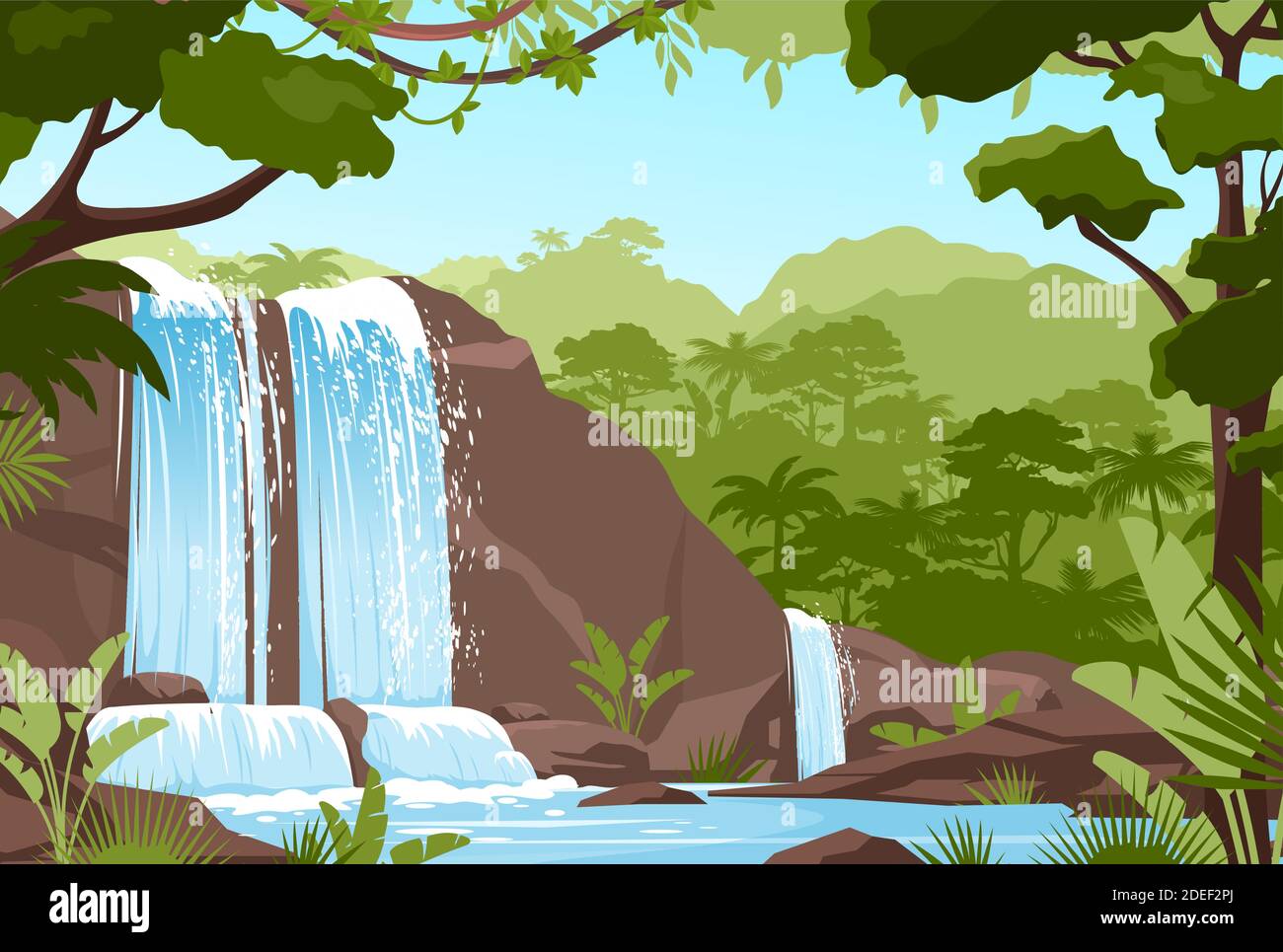Wasserfall Dschungellandschaft mit Felskaskade, Flussbäche Stock Vektor