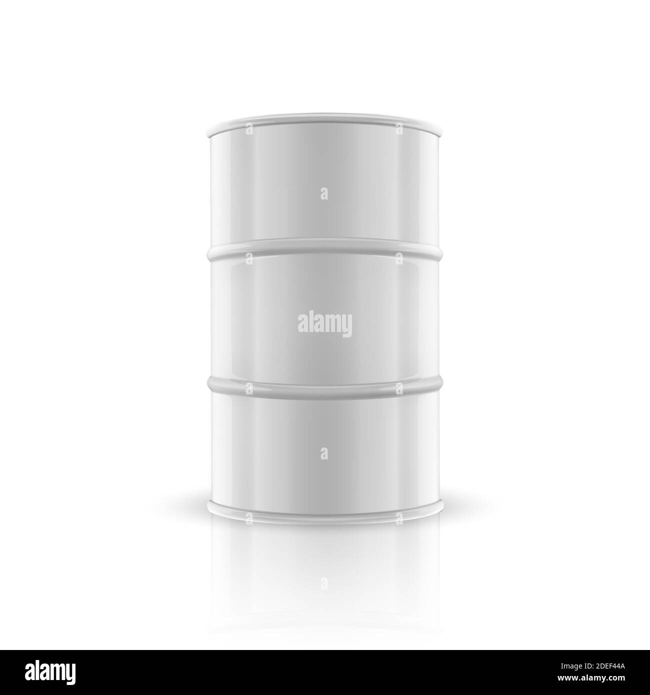Vektor 3d realistische Illustration. Weiß einfach Glossy Metal Oil, Fuel, Gasoline Barrel mit Reflexion isoliert auf weißem Hintergrund. Designvorlage Stock Vektor
