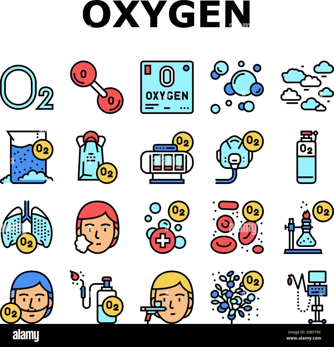Symbole für Sauerstoffsälung, O2, chemische Sammlung, Vektor festlegen Stock Vektor