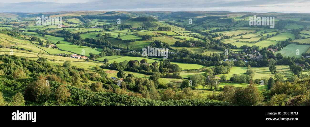 Rosedale Abbey von der Chimney Bank in North Yorkshire aus gesehen Moors - Panorama Stockfoto