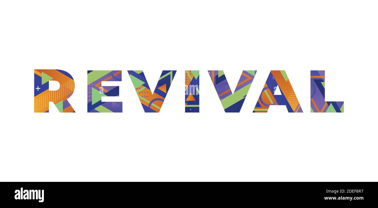 Das Wort REVIVAL Konzept in bunten Retro-Formen und Farben Illustration geschrieben. Stock Vektor