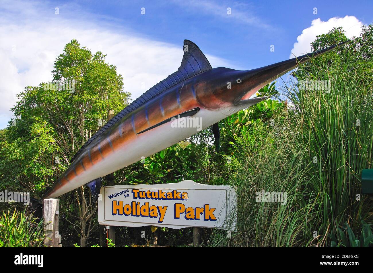 Tutukaka Ferienpark Zeichen, Tutukaka, Tutukaka Coast, Region Northland, Nordinsel, Neuseeland Stockfoto