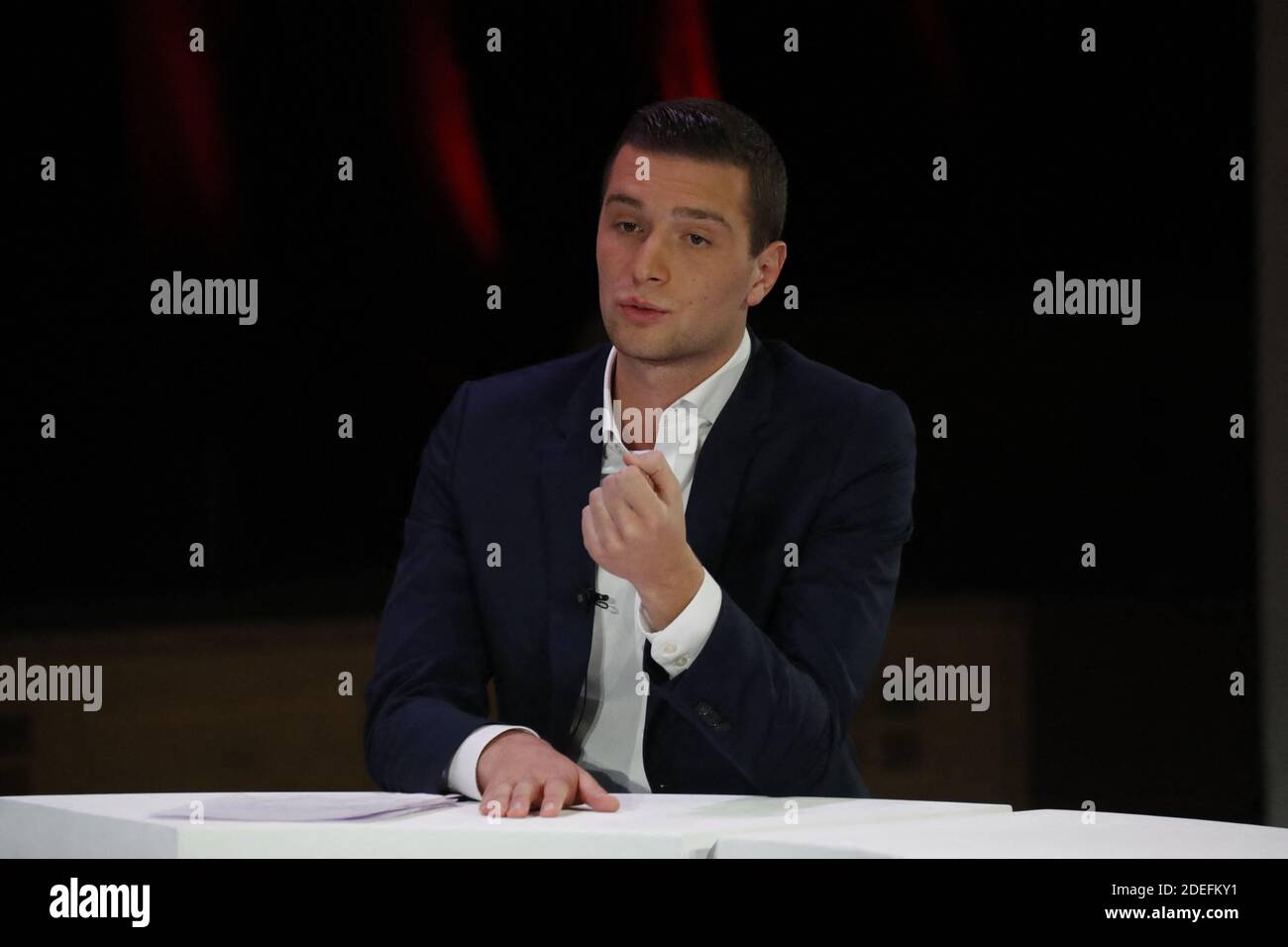 Jordan Bardella Leiter der Nationalliste Rassemblement spricht während der "Großen mündlichen Rede der Europawahlen 2019" im Maison de la Radio, Paris, Frankreich am 11. April 2019. Foto von Henri Szwarc/ABACAPRESS.COM Stockfoto