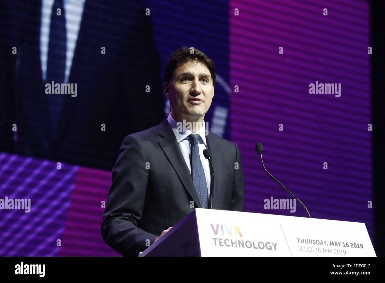 Kanadas Premierminister Justin Trudeau spricht am 16. Mai 2019 auf der VivaTech-Ausstellung im Palais des Expositions der Porte de Versailles, Paris, Frankreich. Foto von Henri Szwarc/ABACAPRESS.COM Stockfoto