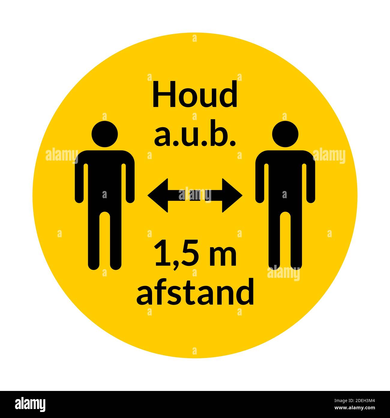 Houd a.u.B. 1,5 m Aufsteller ('Bitte halten Sie eine Entfernung von 1,5 Metern' in Niederländisch) rund Social Distanzing Instruction Abzeichen oder Aufkleber Symbol. Vektorbild. Stock Vektor