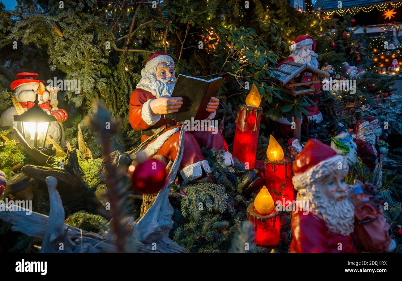 Straupitz, Deutschland. November 2020. Festlich beleuchtet ist der Garten  von Gisela Liebsch und Gerd Mörl. Wo auch immer Sie hinschauen - Weihnachten  und Schneemänner aller Größen und Materialien stehen, liegen, klettern und