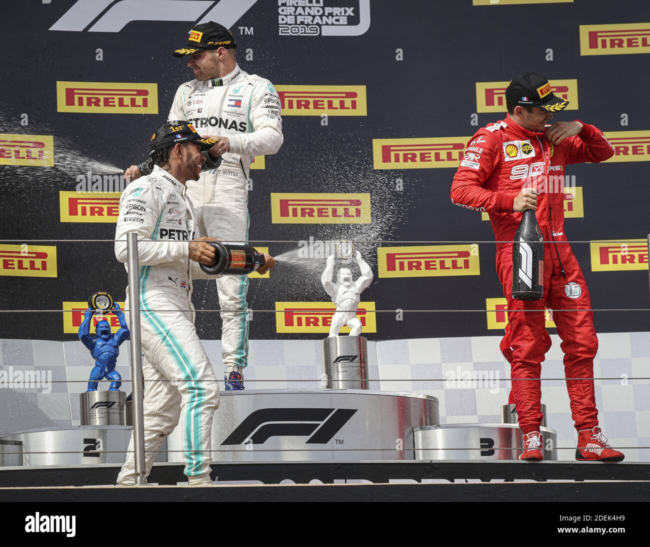 Das Podium beim Grand Prix de France 2019: 1. Rang Lewis Hamilton (Scuderia Mercedes AMG Petronas Motorsport), 2. Rang Valtteri Bottas (Scuderia Mercedes AMG Petronas Motorsport), 3. Rang Charles Leclerc (Scuderia Ferrari), Le Castellet, Frankreich, am 23. Juni 2019. Foto von Marco Piovanotto/ABACAPRESS.COM Stockfoto