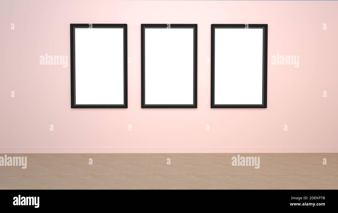 Mockup von drei leeren Bilderrahmen auf Lichtwand - Abbildung Stockfoto