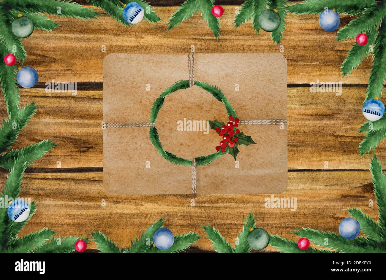 Helle Weihnachtsdekorationen auf einer strukturierten Holzoberfläche Stockfoto