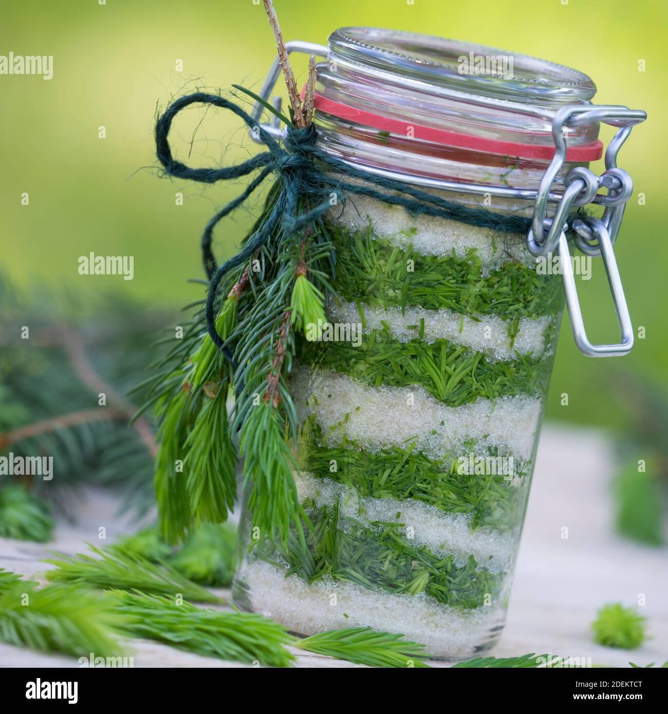 Maiwipferl-Sirup, Maiwipfel-Sirup, Maiwipferlsirup, Maiwipfelsirup, Hustensirup, Husten-Sirup, Fichtensirup, Fichten-Sirup, Fichtenhonig, Sirup, Ficht Stockfoto