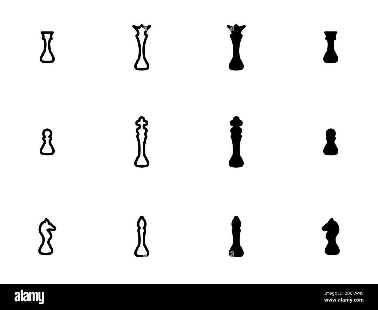 Satz schwarzer Vektorsymbole, isoliert vor weißem Hintergrund. Illustration zu einem Thema Schach Stock Vektor