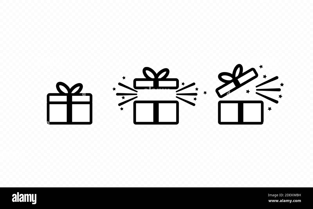 Geschenkboxen Symbol Set. Party und Feier Konzept. Überraschungs- und Geburtstagsartikel, Geschenk, Geschenk, Band, kleine und große Boxen. Vektor auf isoliertem Transporttransp Stock Vektor