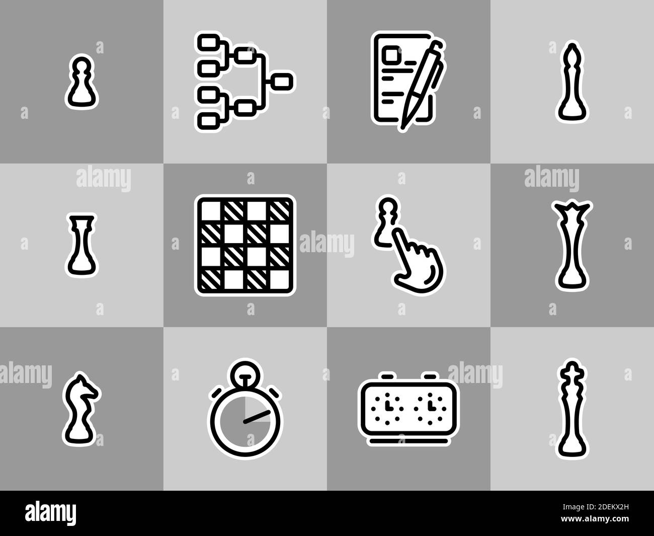 Satz schwarzer Vektorsymbole, isoliert vor weißem Hintergrund. Die Illustration über das Thema die Hauptelemente der Schachwettbewerbe Stock Vektor