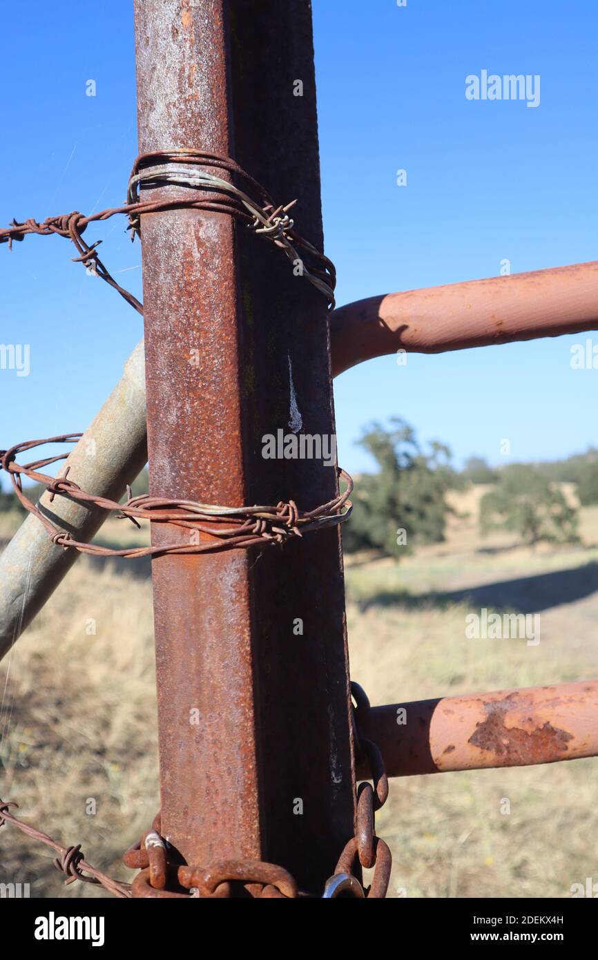 Eine vertikale Nahaufnahme von verrosteten Zaunpfosten auf einer Pferderanch in Amador County, Kalifornien Stockfoto