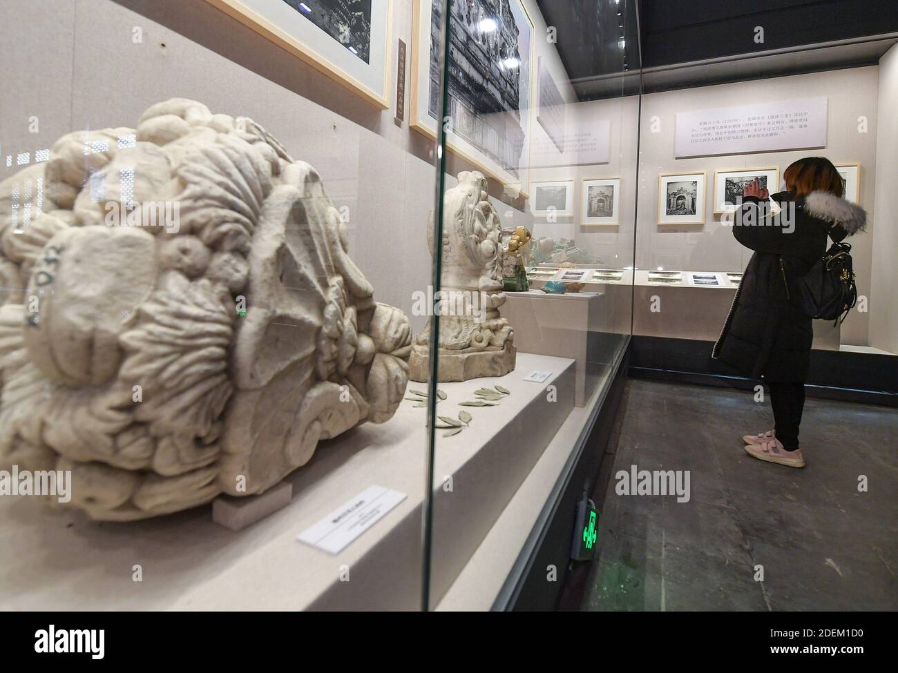 Peking, China. Dezember 2020. Ein Besucher fotografiert eine Ausstellung zum Thema der Rückkehr eines bronzenen Pferdekopfes, der von Yuanmingyuan in Peking, der Hauptstadt Chinas, geplündert wurde, am 1. Dezember 2020. Eine Bronzeskulptur mit Pferdekopf, ein Schatz von Chinas altem Sommerpalast, der nach der Plünderung durch die anglo-französischen Alliierten vor 160 Jahren verschollen war, kehrte am Dienstag in sein ursprüngliches Palasthaus zurück. Quelle: Xinhua/Alamy Live News Stockfoto