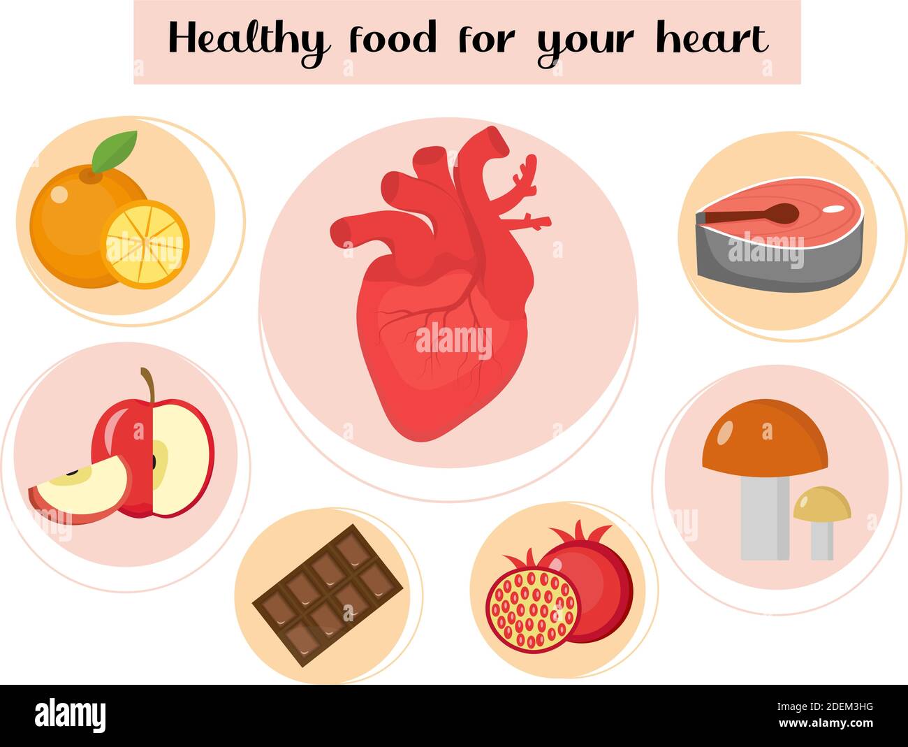 Infografik: Gesunde Ernährung für Ihr Herz. Konzept von Lebensmitteln und Vitaminen, Medizin, Herzerkrankungen Prävention. Vektorgrafik Stock Vektor