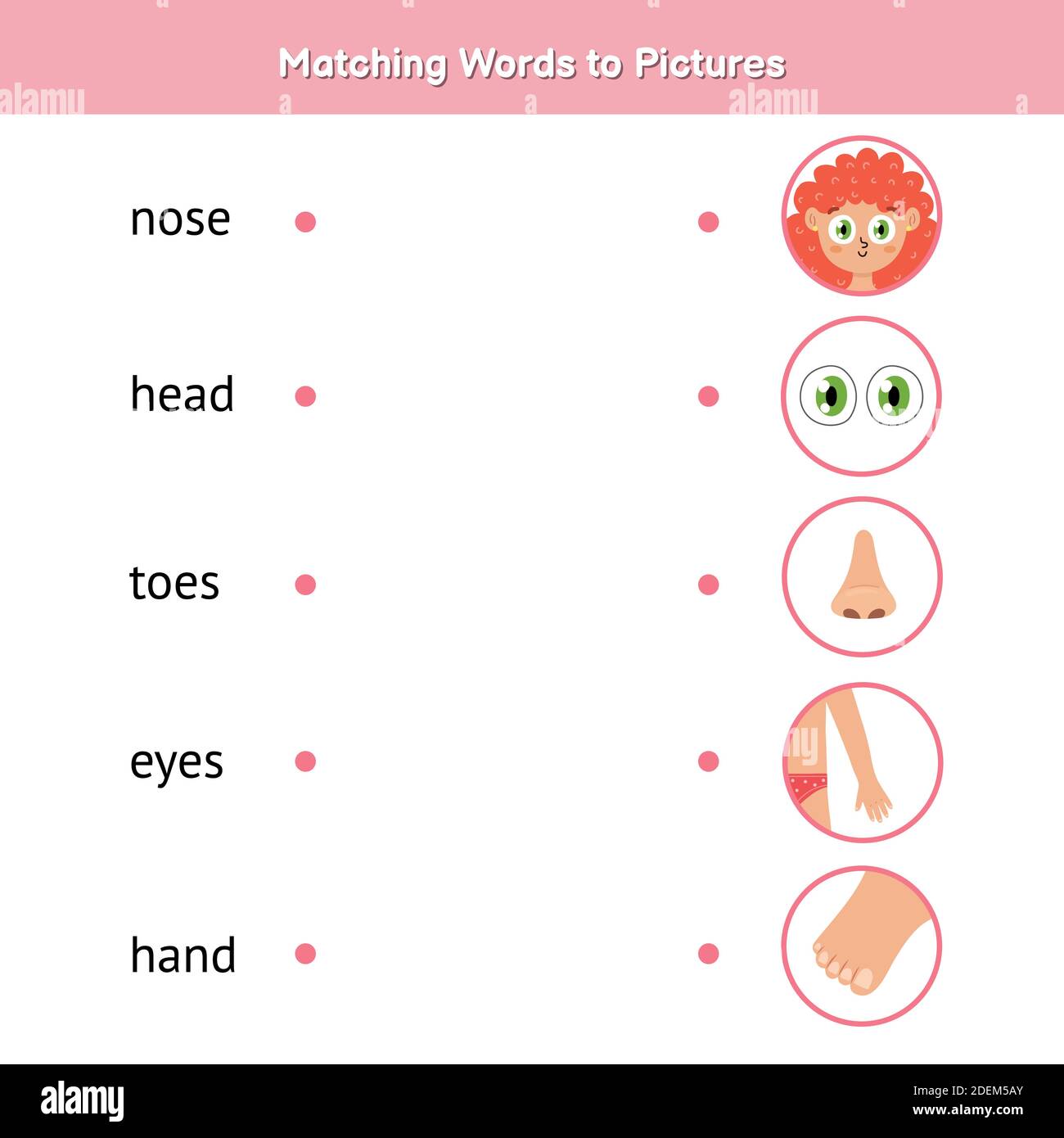 Ordnen Sie die Wörter den Bildern zu. Lernen Sie passende Spiel für Kinder  zu lesen Stock-Vektorgrafik - Alamy