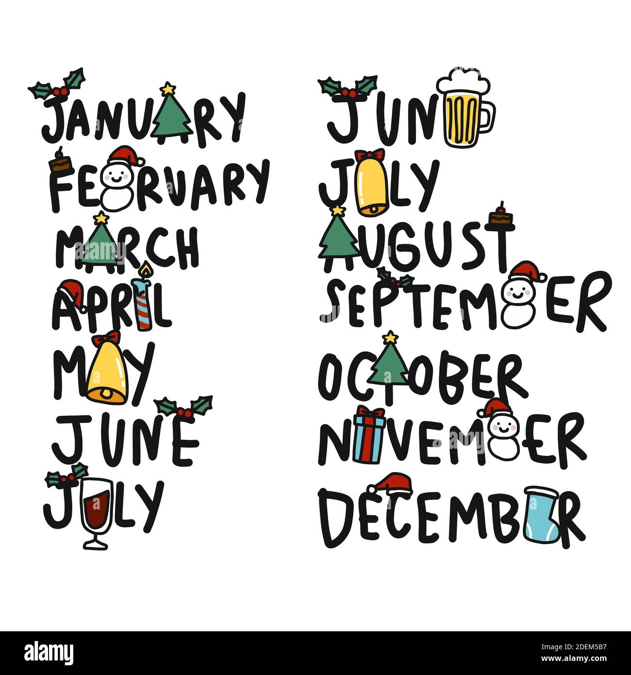 Januar bis Dezember Wort Cartoon Doodle Set Vektor Illustration Stock Vektor