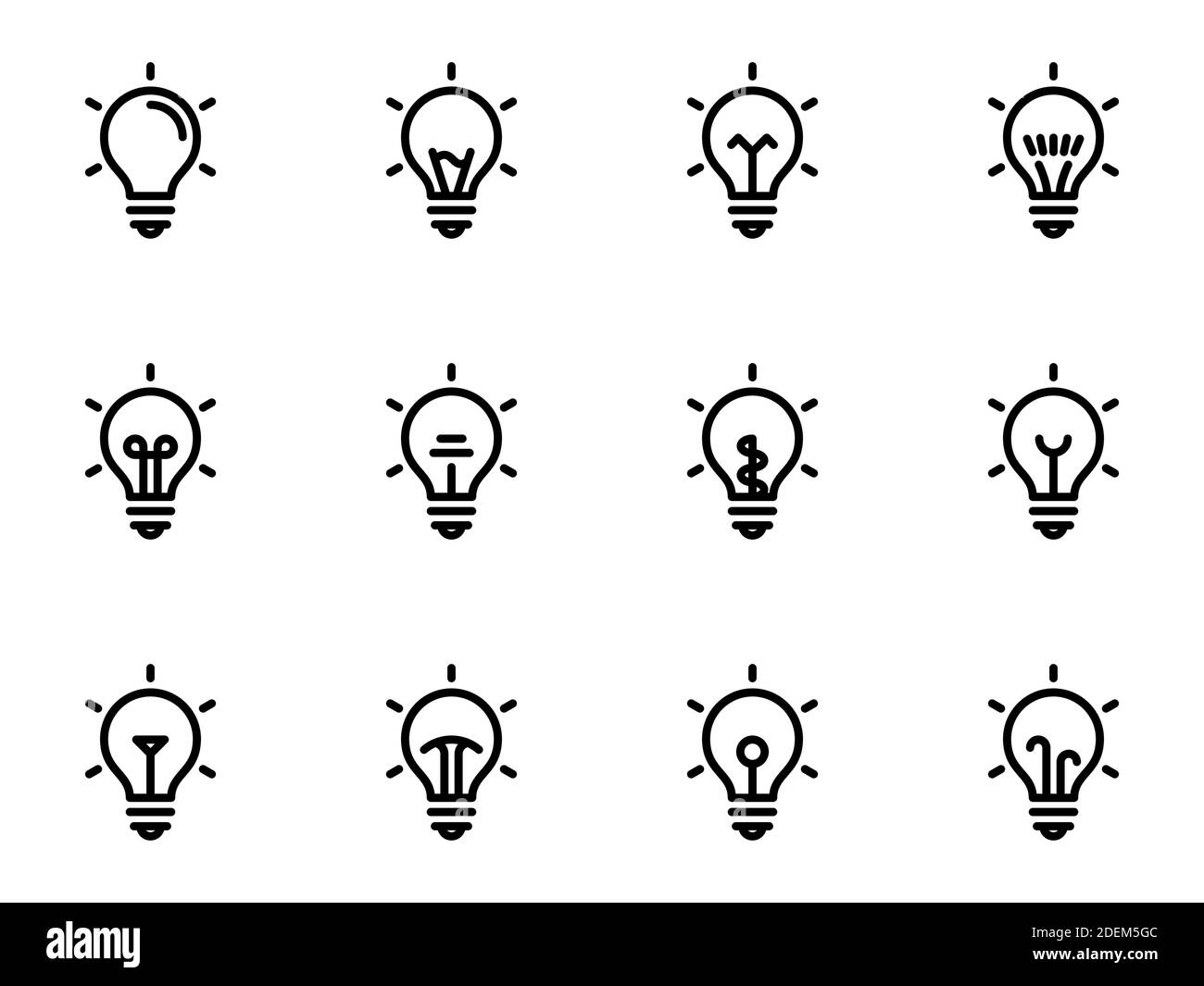 Satz schwarzer Vektorsymbole, isoliert vor weißem Hintergrund. Illustration zu einem Thema Glühbirne Stock Vektor