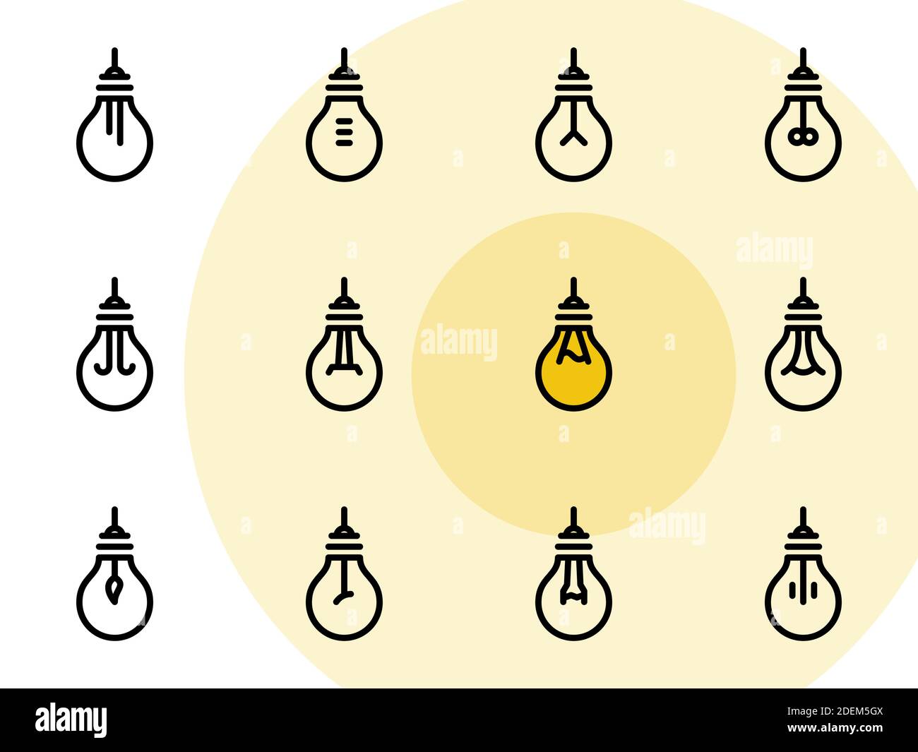 Satz schwarzer Vektorsymbole, isoliert vor weißem Hintergrund. Illustration zu einem Thema Glühbirne Stock Vektor