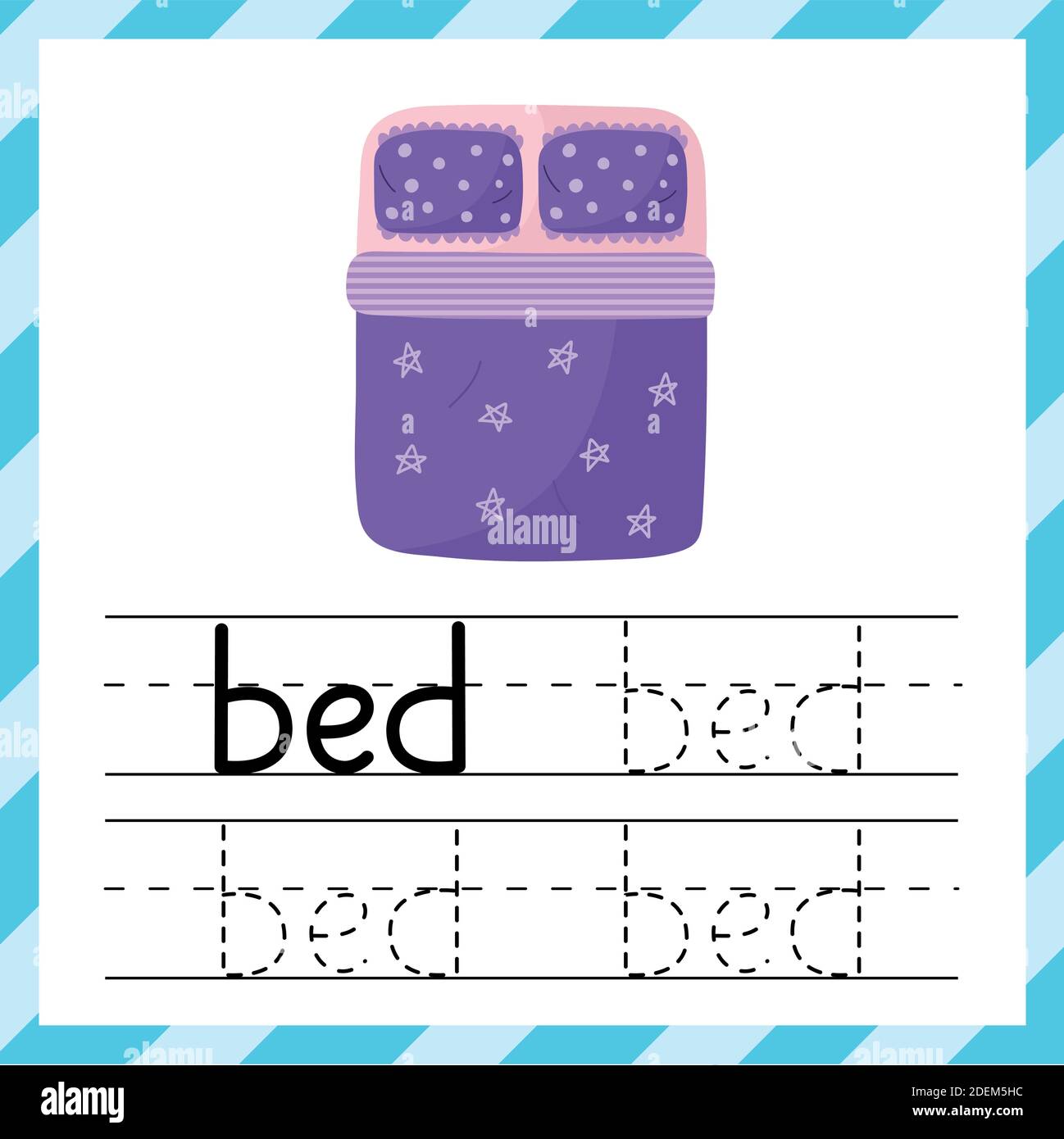 Ablaufverfolgungsarbeitsblatt mit dem Wort - Bett. Lernmaterial oder Flashcard für Kinder Stock Vektor