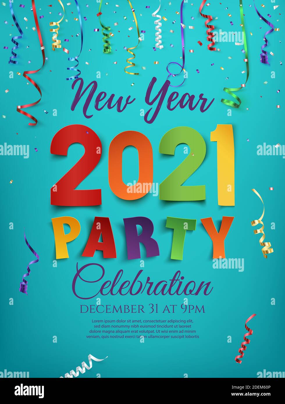Silvester 2021 Party Poster Vorlage mit Konfetti und bunten Bändern auf blauem Hintergrund. Stock Vektor