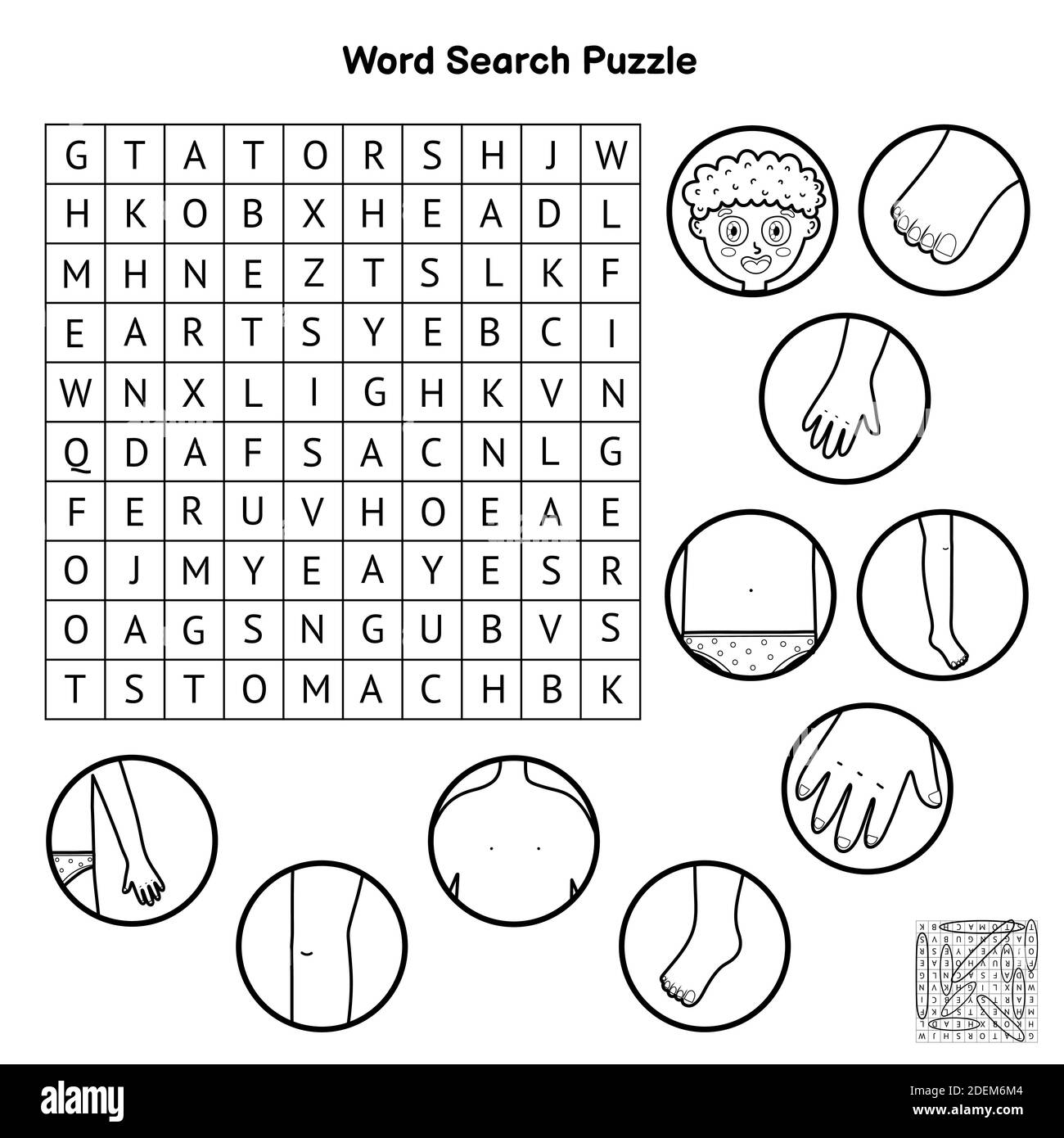 Schwarz und weiß Körperteile Wort suchen Puzzle. Colorong Seite und pädagogisches Spiel für Kinder Stock Vektor